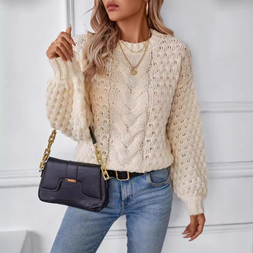 Autumn Winter Womens Knitted Top Womens Hollow Pulled Sweater Womens Retro O-neck Knitted Womens Clothing 250210