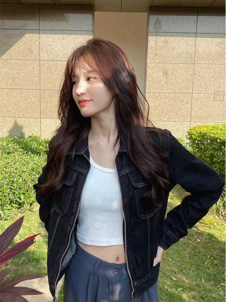Black denim jacket American style retro spring autumn crop zipper all-round college casual youth street clothing Chaqueta X250213