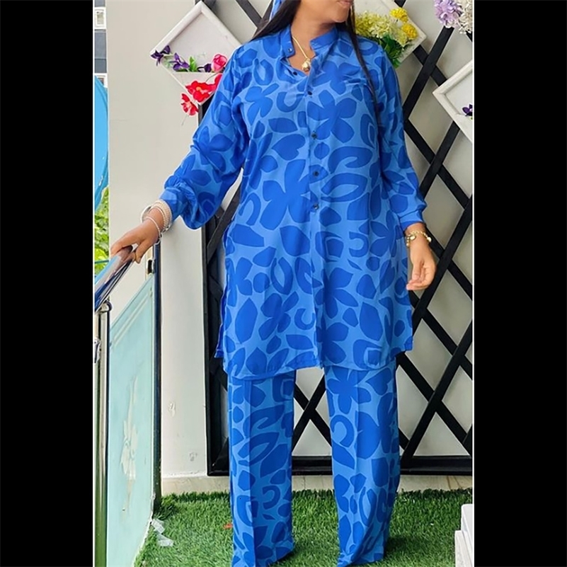 Plus Size Vacation Pant Set Blue Leopard All Over Print Button Long Sleeve Loose Two Piece y250122