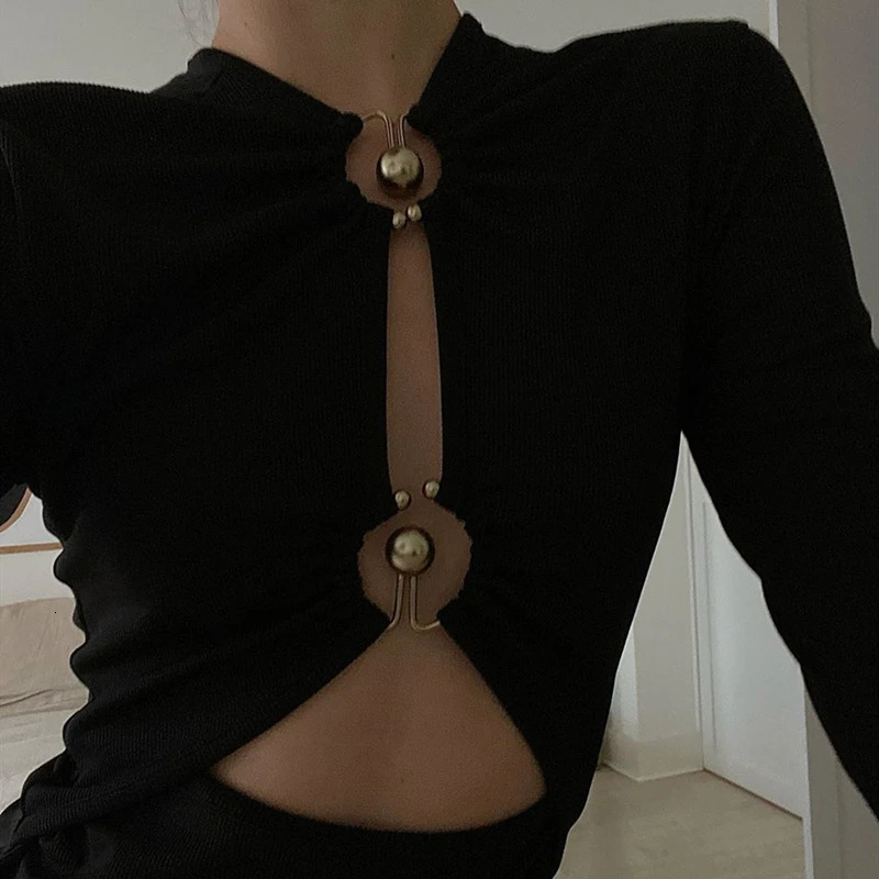 WhereMery Sexy Hollow Out Long Sleeve Bodysuit Metal Ring Connection Fashion Folds Women Bodice Black Bodycon Party Clubwear Top 250211
