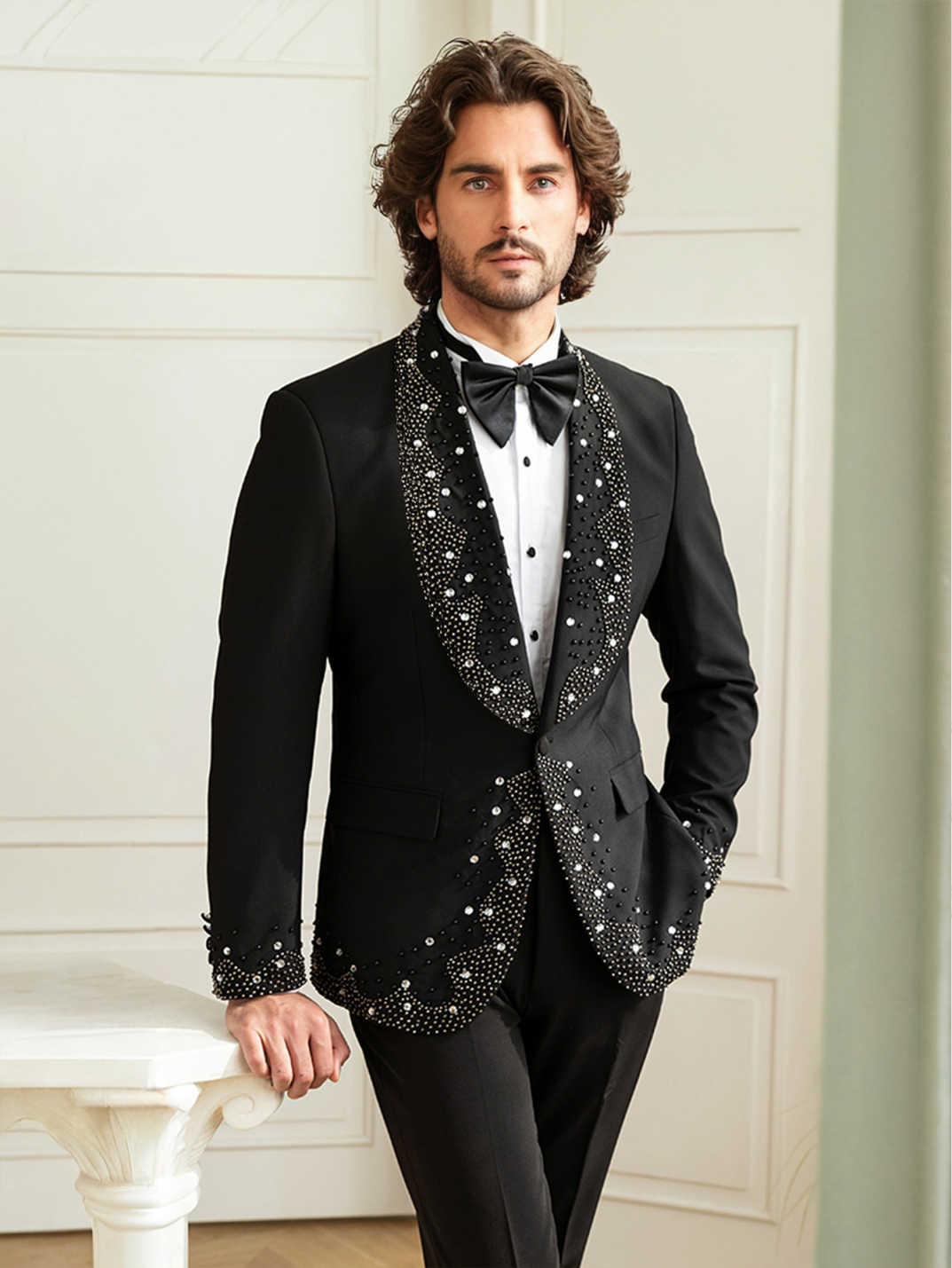 Handmade Wedding Tuxedos Beaded Crystal One Button Men Suits Shawl Lapel 3 Piece Set Jacket Vest Pants Groom Blazers Customized