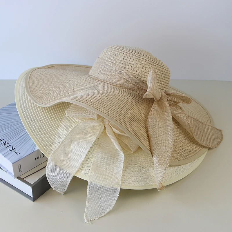 Summer Women Straw Hat Bowknot Wide Brim Floppy Panama Hats Female Lady Outdoor Foldable Beach Sun Cap 250118