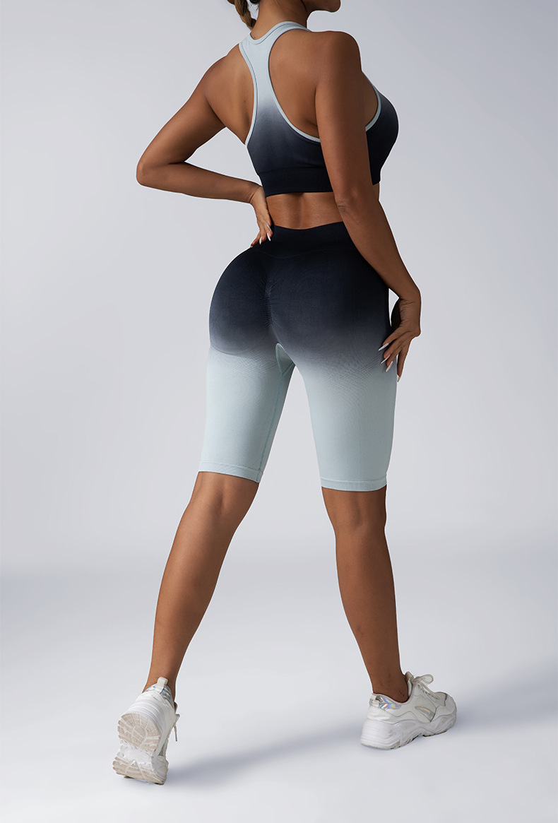 Advanced women's designer casual two-piece gradient hanging dye yoga set beautiful back bra peach hip shorts fitness clothes sportswear