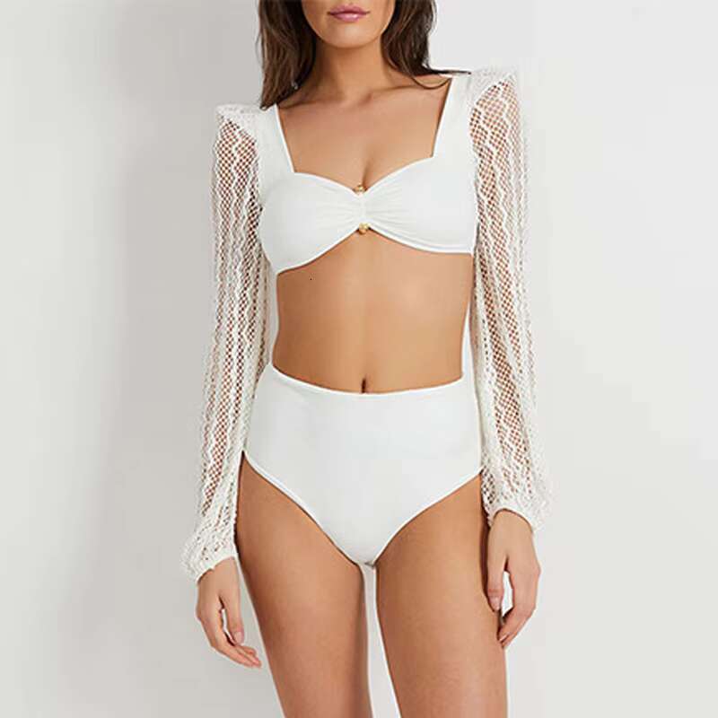 Two-Piece Swimwear Swimsuit Women Sexy Hollow Long Sleeves High Waist Bowknot Backless White Bikinis Set Bathing Suit Push Up
