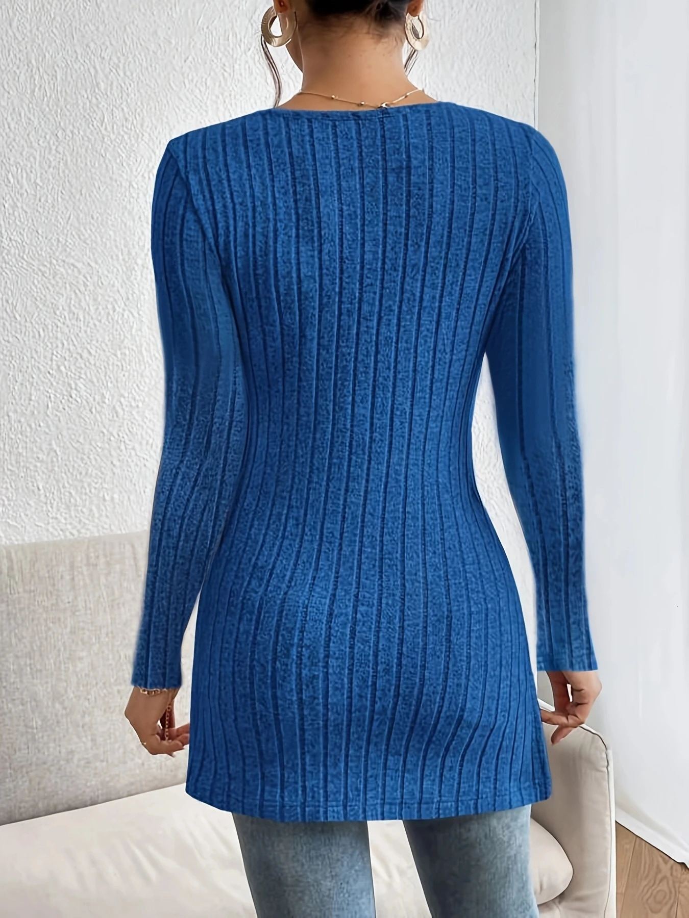 Womens Fashion Vneck Side Split Pit Strip Long sleeved T 250211