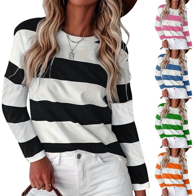 Womens T Shirts Women Striped Print Long Sleeve Blouse Autumn Round Neck Sweatshirt Casual Basic Tops Streetwear Pullover Shirt For