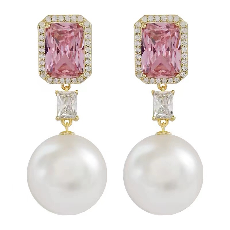 2025 Ins Top Sell Dangle Earrings Luxury Jewelry 925 Sterling Silver Princess Cut Pink Zircon Large Pearl Party Lady Women Wedding Drop Earring Gift