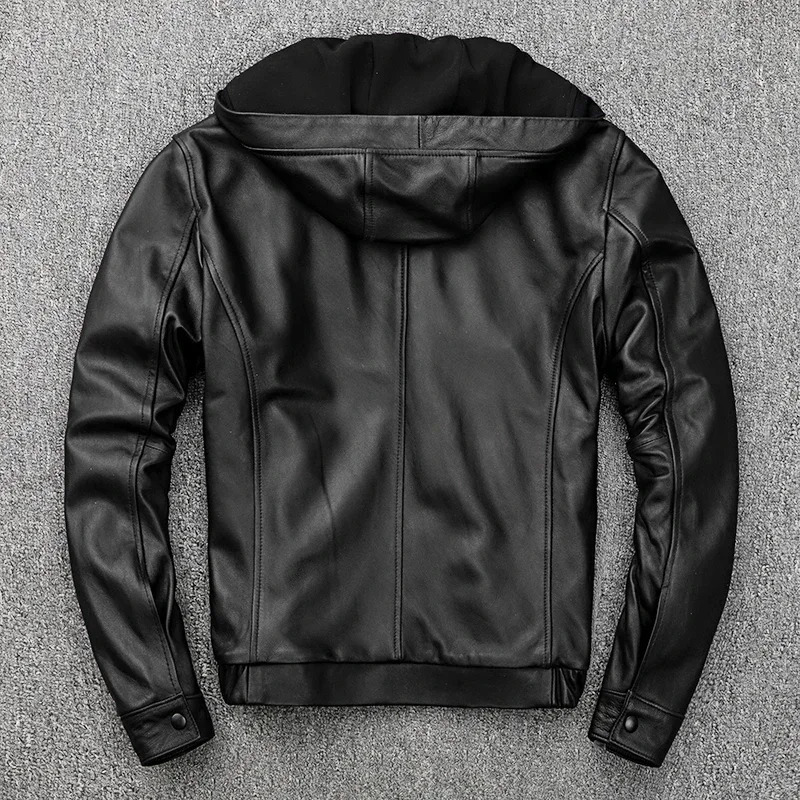 Mens Hooded Leather Jacket 100% Genuine Sheepskin Motorcycle Black Coat Male Hoodies Clothes Spring Hat Leather Jacket Men 250213