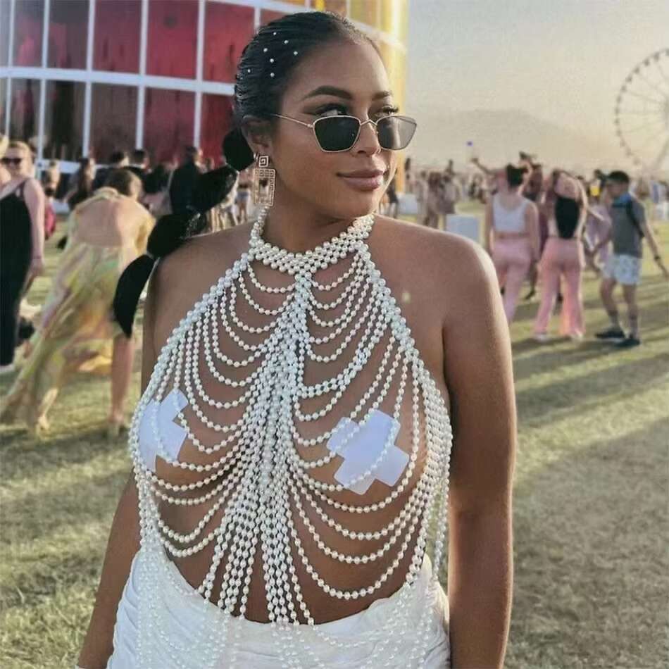 Body Jewelry Simulated Pearl Sexy Shawl Necklace Bra Tassels Fashion Bikini Chest Wrapping Chain Party