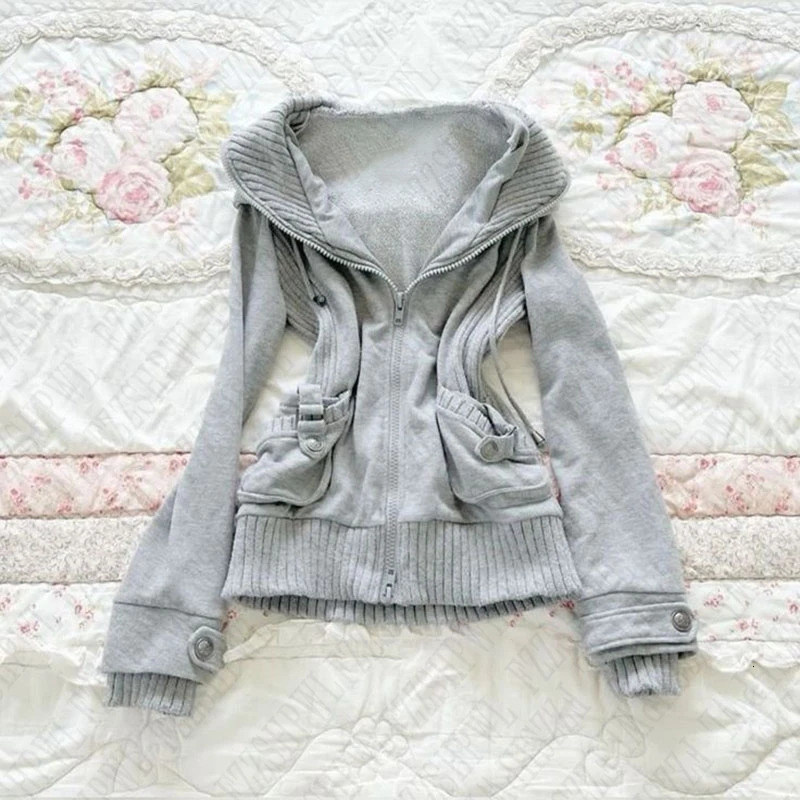 Hiphop Trendy Streetwear Y2K Harajuku Punk Street Retro Solid color Zipper Hoodie Women Punk Casual Slim fit type Sweatshirt 250211