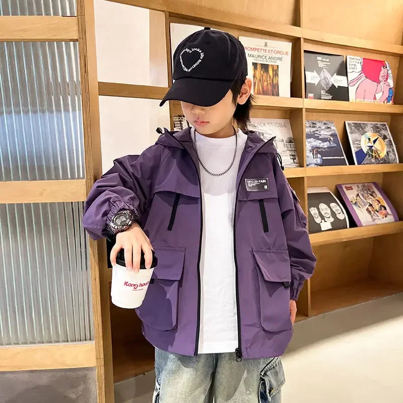 2024 Autumn Girls Boys Casual Windbreak Purple Black Hooded Jacket Baby Kids Children Outerwear Coat 4-14 Yrs Korean Overcoat 250121