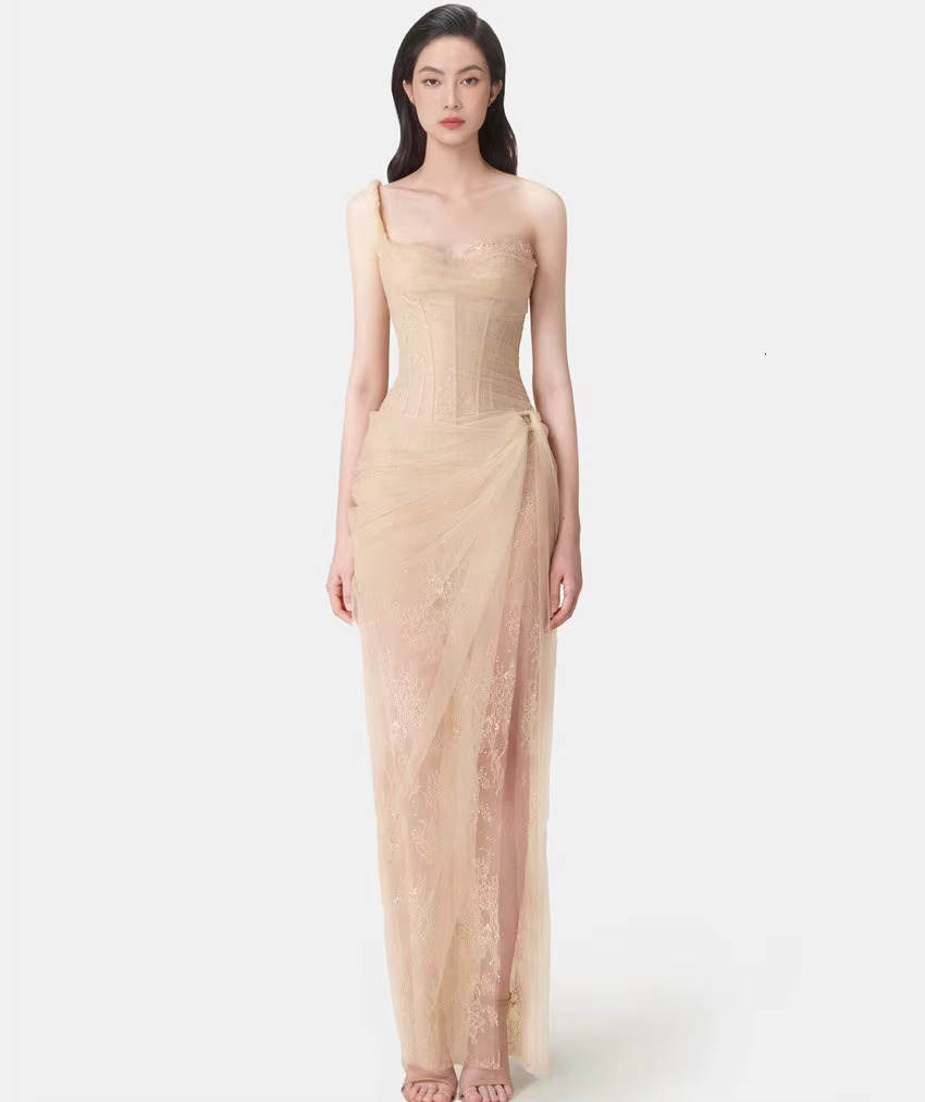 Runway Fashion Sexy Summer One Shoulder Prom Party Long Dress For Women's Sleeveless Mesh Lace Sequin Twist Split Evening Robe
