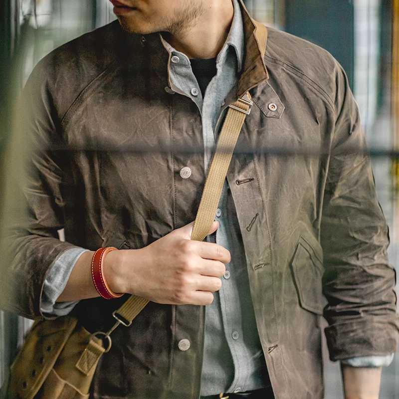 Maden Vintage Stand Collar Oil Waxed Jacket MadeMade for Mens Waterproof Canvas Solid Color Classic Hunting Coat for Autumn X250213