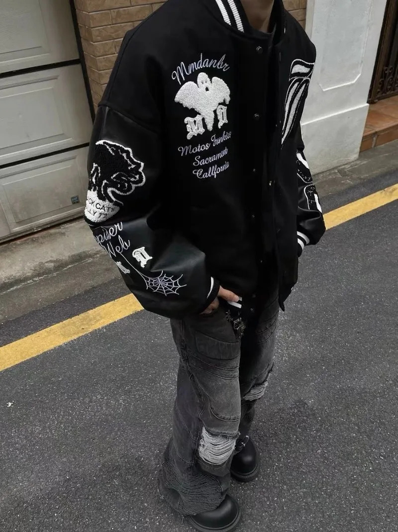 American Vintage Street Letter Embroidered Flocking Baseball Uniform Y2K Harajuku Couple Jacket Loose Coats 250212