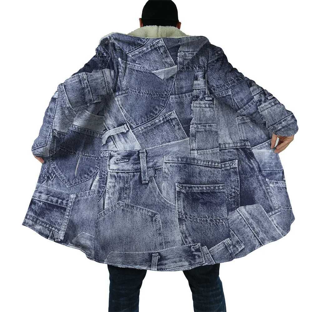 HX Winter Cape Fake Vintage Denim UK Flag Pocket 3D Printed Hooded Cloak for Men Windproof Fleece Hoodie Mens Coats Dropshipping X250213