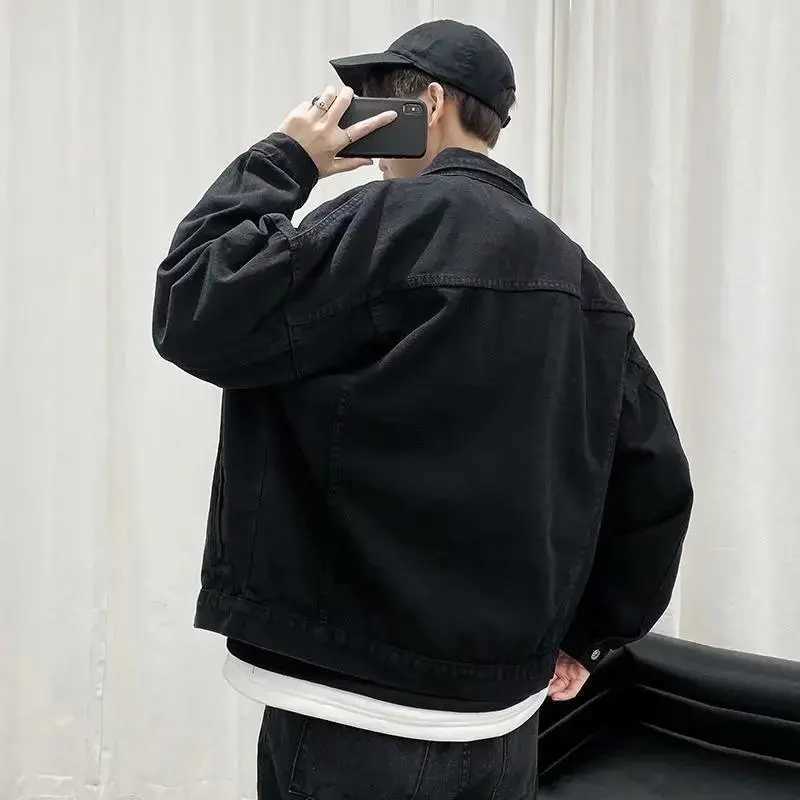 Black Denim Short Jacket Men Jeans Jacket Coats Casual Windbreaker Pockets Overalls Bomber Streetwear Man Clothing Outwear X250213