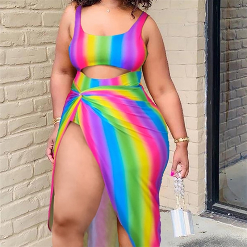 Plus Size Multicolor Casual Rainbow Print Hollow Sleeveless Wrap Two Piece Split Tankinis Swimsuit 250122