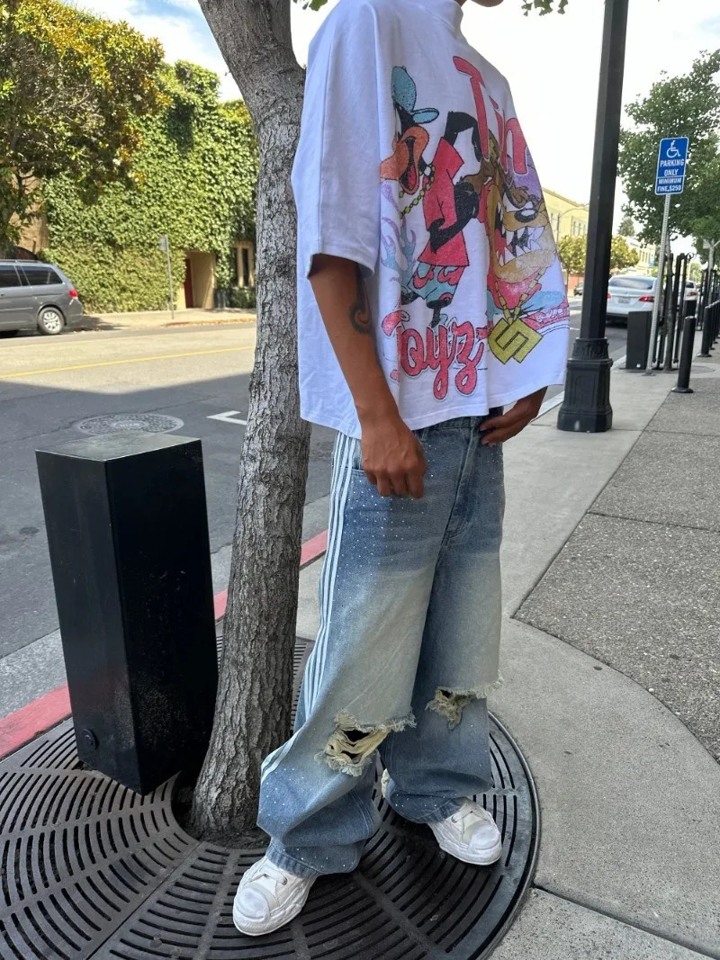 Y2K baggy jean American street style hole phantom fashionable lines floor length pant Gothic washed Cat whisker hip hop men pant 250213