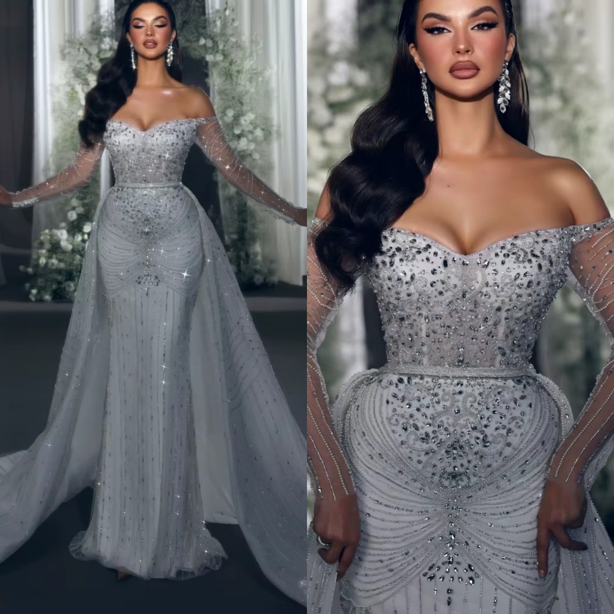 Gorgeous Mermaid Wedding Dress Off Shoulder Long Sleeves Bridal Gowns Sequins Crystal Detachable Train Dresses Custom Made vestidos de novia