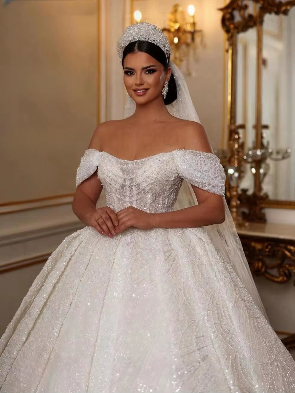 Elegant Ball Gown Wedding Dress For Women Off Shoulder Sleeveless Bridal Gowns Sequins Sweep Train Dresses Custom Made vestidos de novia
