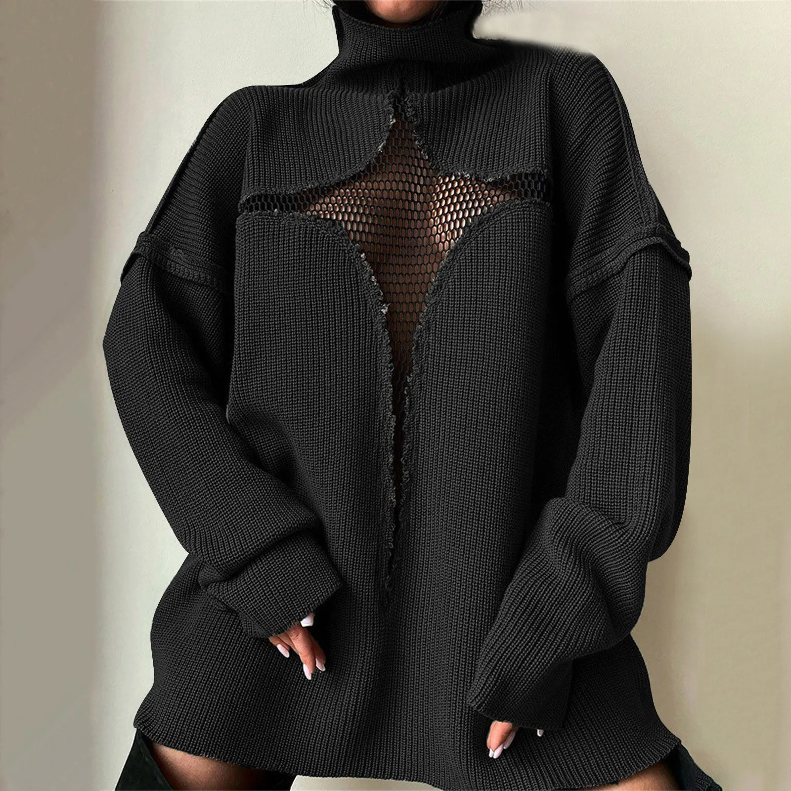 Womens Sexy Mesh Loose Knitted Hollow Pullover High Neck Sweater Autumn And Winter Jumper Knitwear Turtleneck Streetwear 250210
