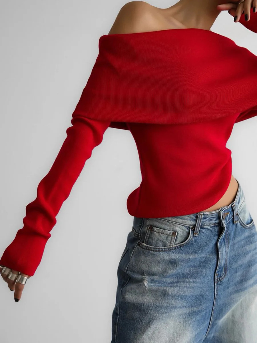 Womens Off Shoulder Sweater Spring Autumn Long Sleeve Slim Knitted Top Pullovers Jumper High Stretch Bottoming Shirts Winter 250210