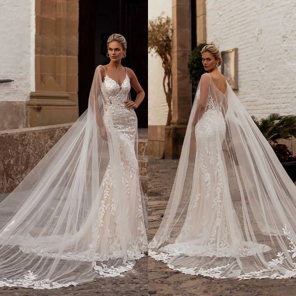 Elegant Plunging Neckline Mermaid Wedding Dresses With Spaghetti Strap Delicate Sash Appliques Bridal Gowns Sweep Train Backless Vestido de novia