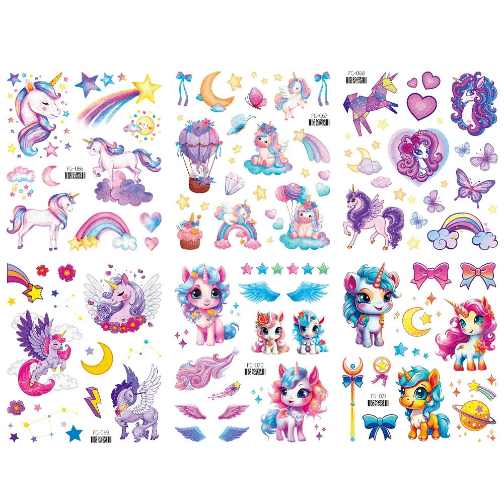 6PCS Cartoon Glitter Tattoos Waterproof Mermaid Unicorn Sparkly Rainbow Tattoo Sticker for Kids Birthday Party Favors Decor 250117