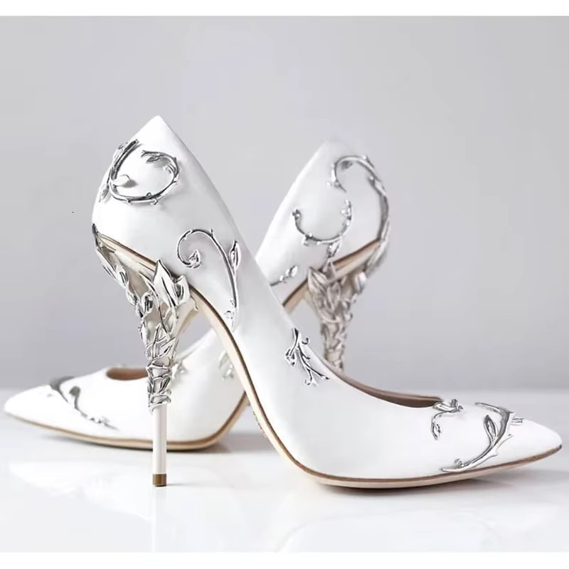 White Royal Blue Carved Metal Ral Branch Wrapped Heels Silk Pumps Glitter Buds Stilettos Pointed Toe Wedding High Heel Shoes