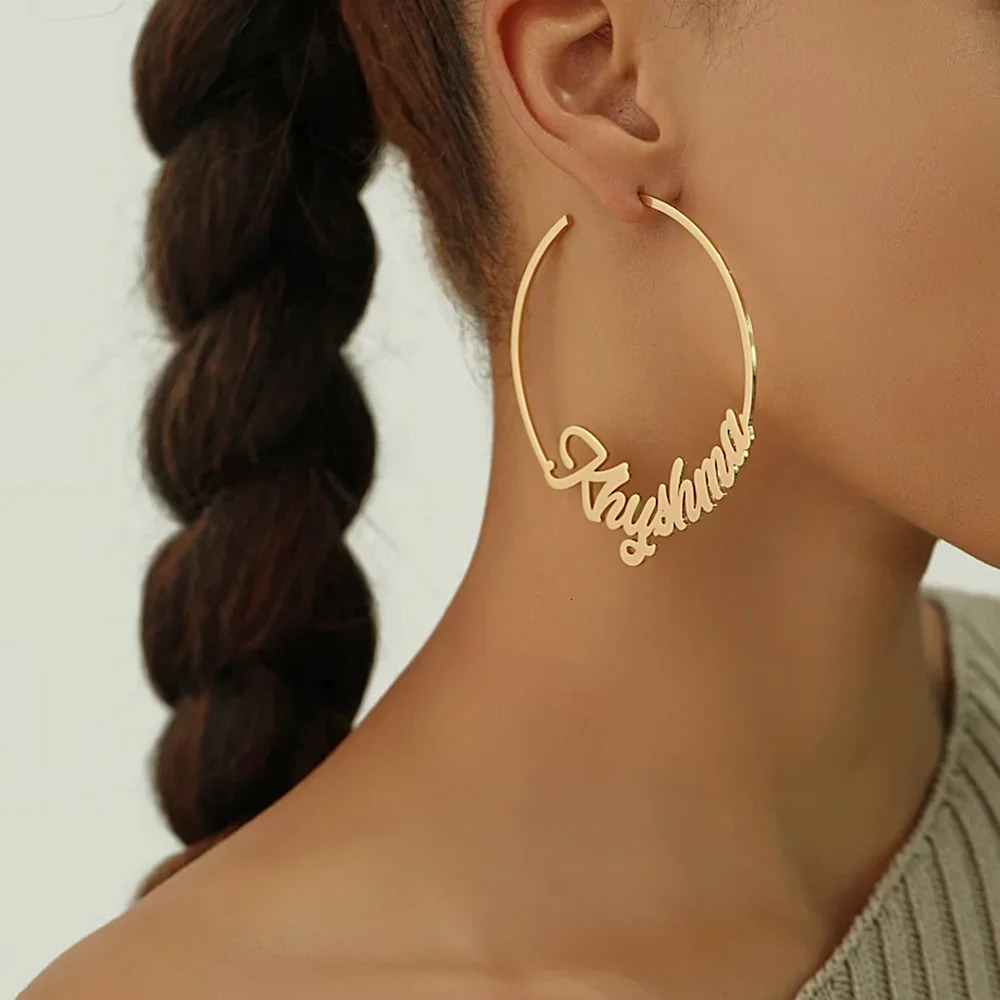 Custom Personalise Name Earring for Women Stainless Steel Type C Perforation 70mm Big Hoops Earrings A Pair Jewelry Gift 250114