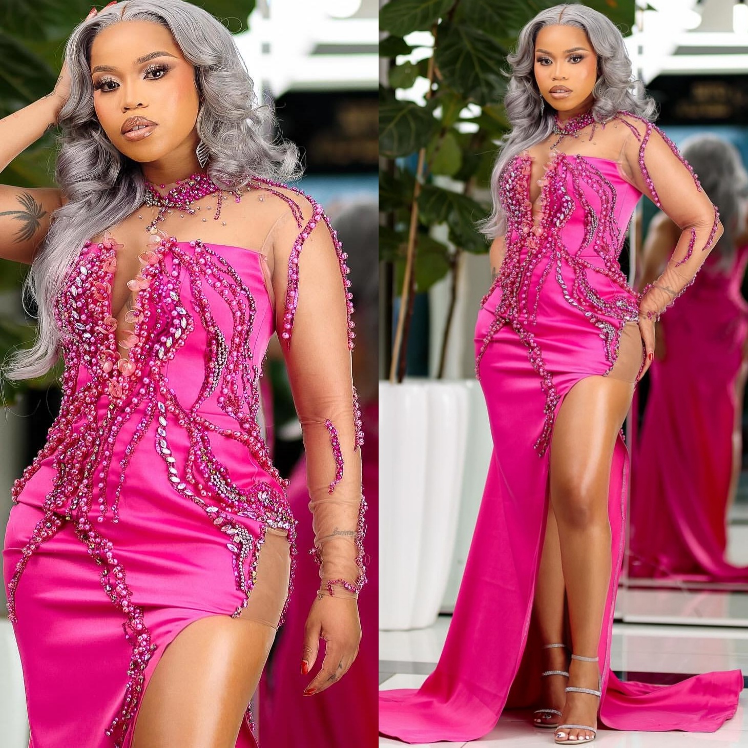 Aso Ebi 2025 Fuchsia Mermaid Prom Dresses Beaded Pearls Satin Full Sleeves Evening Formal Party Second Reception Birthday Gowns Dress For Special Occa