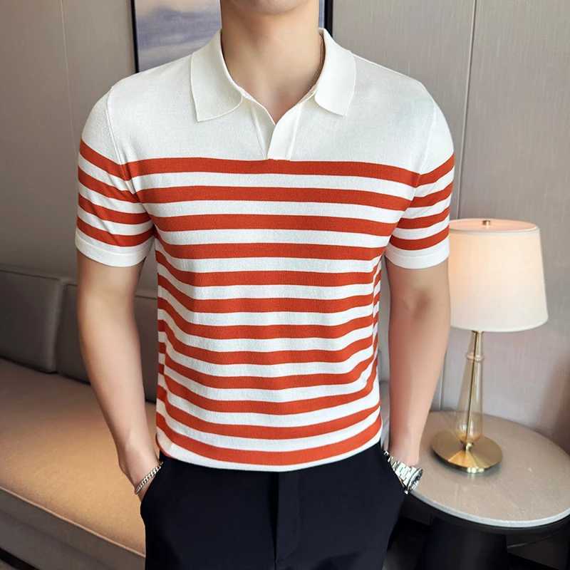 High elasticity Men Knitted Polo Shirt 2024 New Light Thin Casual lapel Short Sleeved Stripe T-shirt High-quality Men Clothing X250213