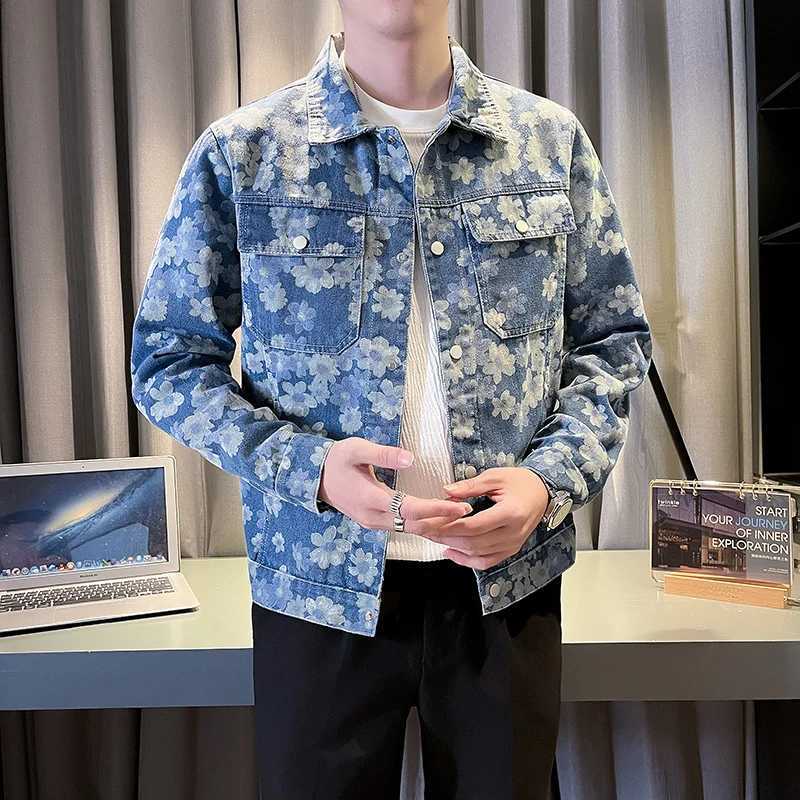Korean floral print denim jacket slim fit mens denim jacket fashionable casual jacket social street clothing mens clothing M-4XL X250213