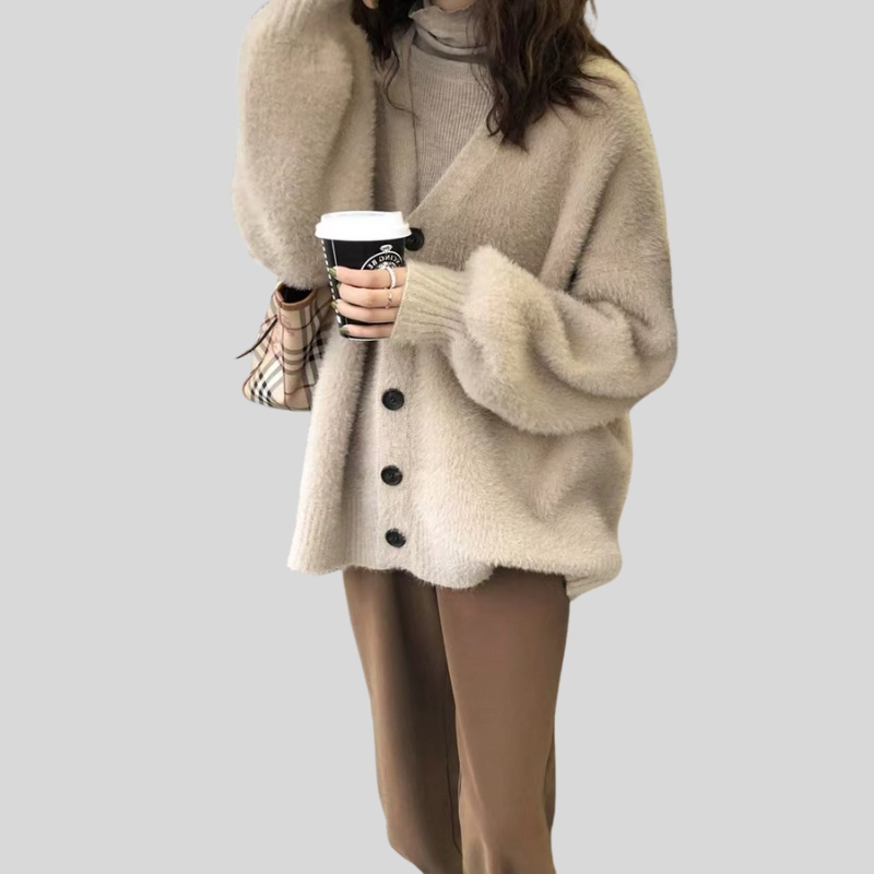 New autumn lazy wind lantern sleeves imitation mink fleece loose sweater casual knitted cardigan jacket women's thick
