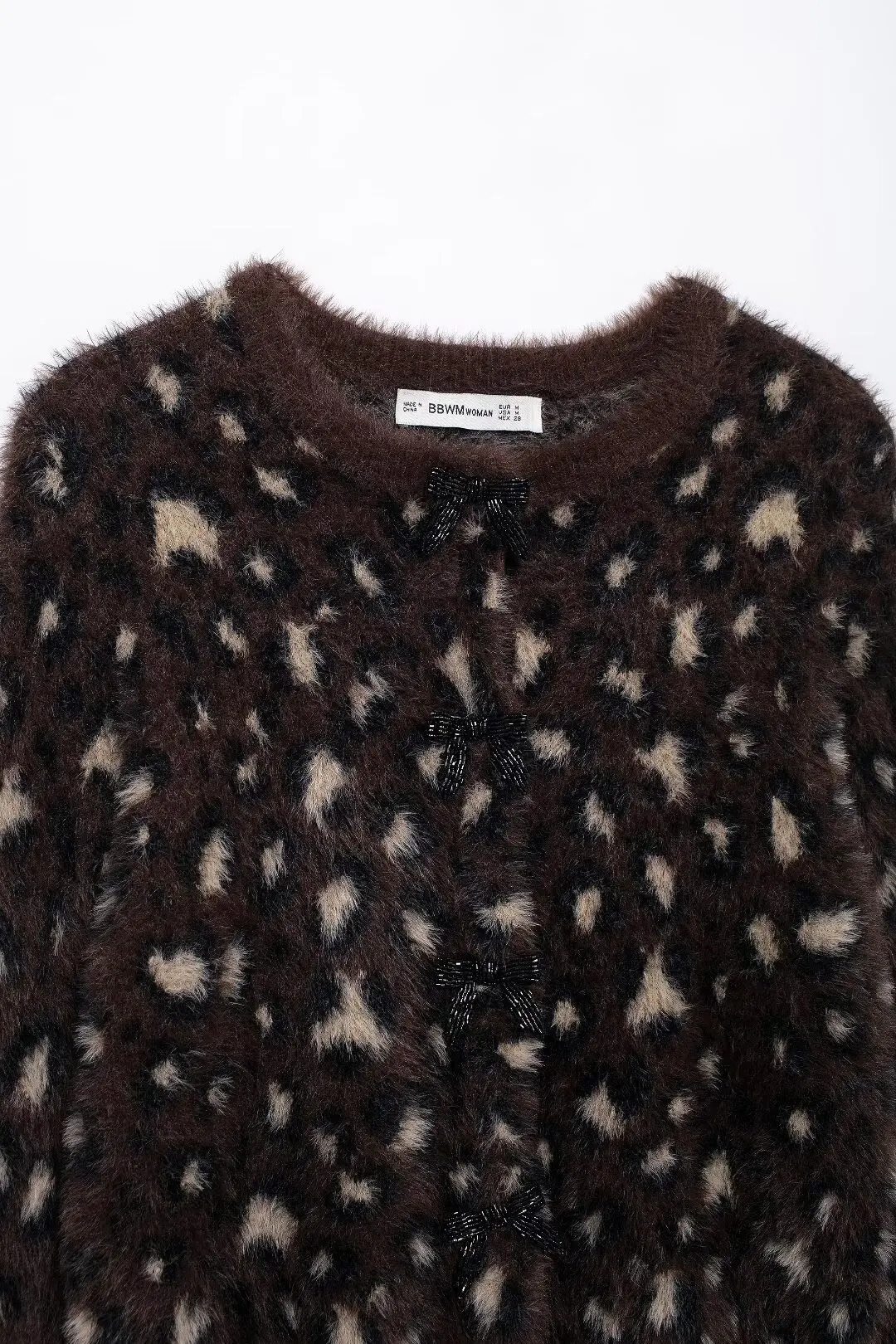 European and American style faux fur effect round neck bow knit cardigan wool sweater for women soft and versatile sweater jacket 250206