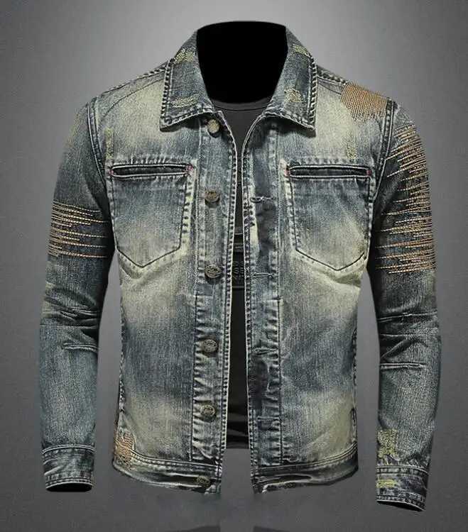 Riding Biker Denim Jacket Mens Retro Slim Cowboy Jacket Youth High Street Ripped Patch Denim Outerwear X250213