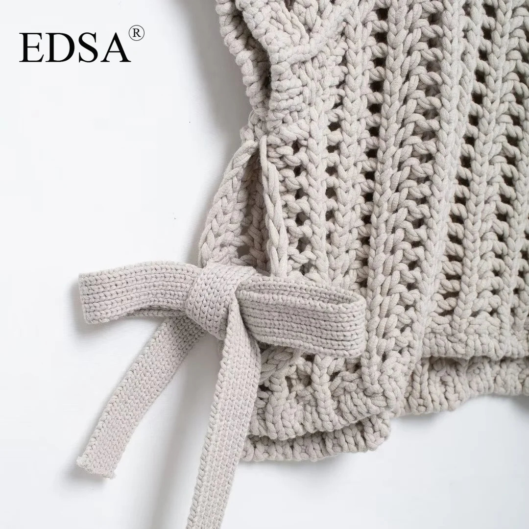 EDSA Women Chunky Knit Top with Side Straps O-Neck Short Sleeves Hollow Out Cropped Sweater Pullover for Casual Female 250210