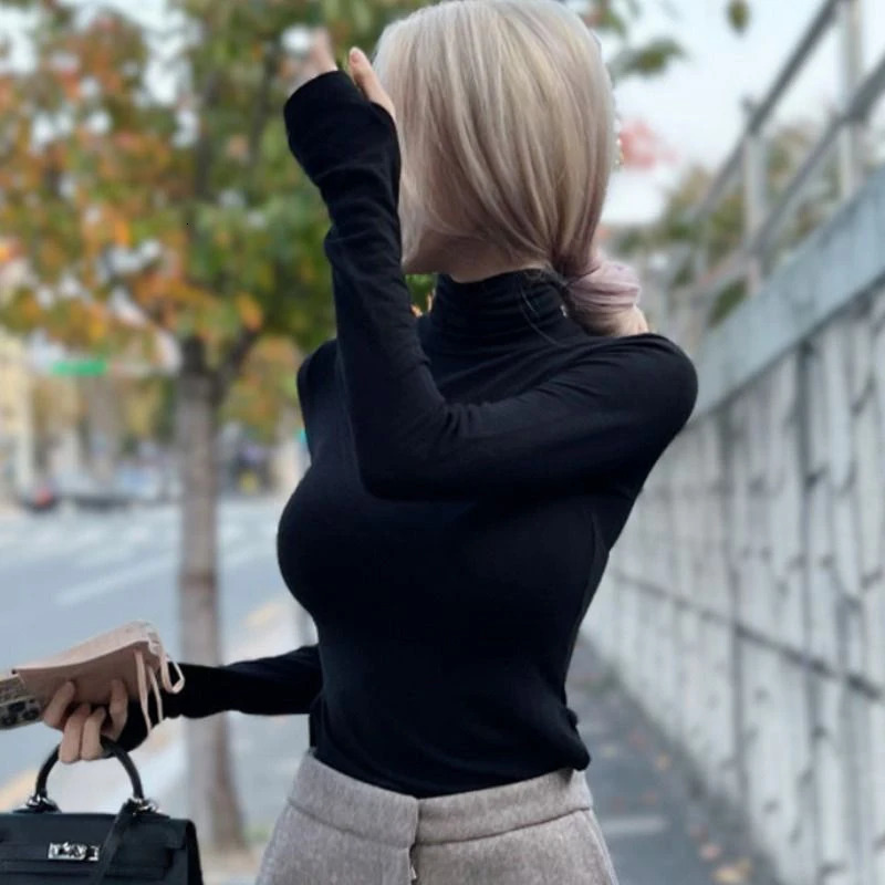 Autumn Winter Korean Solid Color Longsleeved Turtleneck Thermal Tshirt For Women 250211