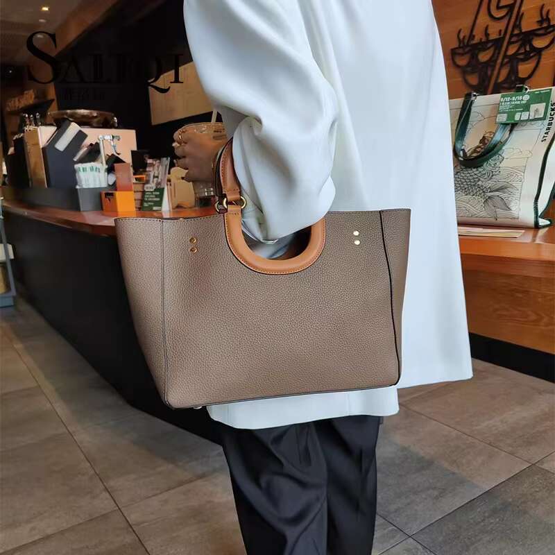 New Genuine Leather Women's Retro Casual Contrast Tote Commuting Large Capacity One Shoulder Handbag Crossbody Bag