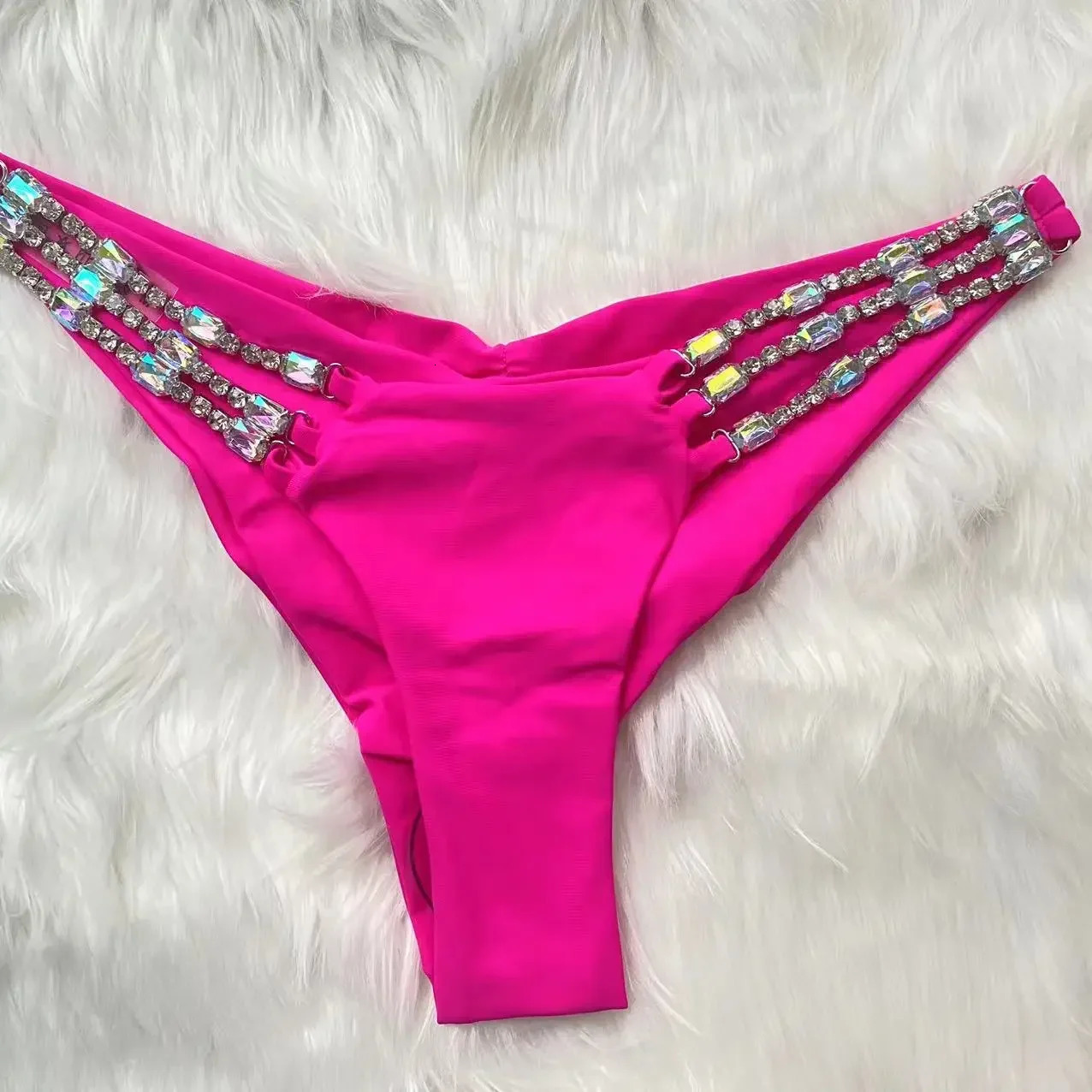 Rhinestone Bikini Women Sexy Pink Diamond Lace Up Halter Swimsuit Metal Chain Beach Bathing Suit Push Up Swimwear 250213