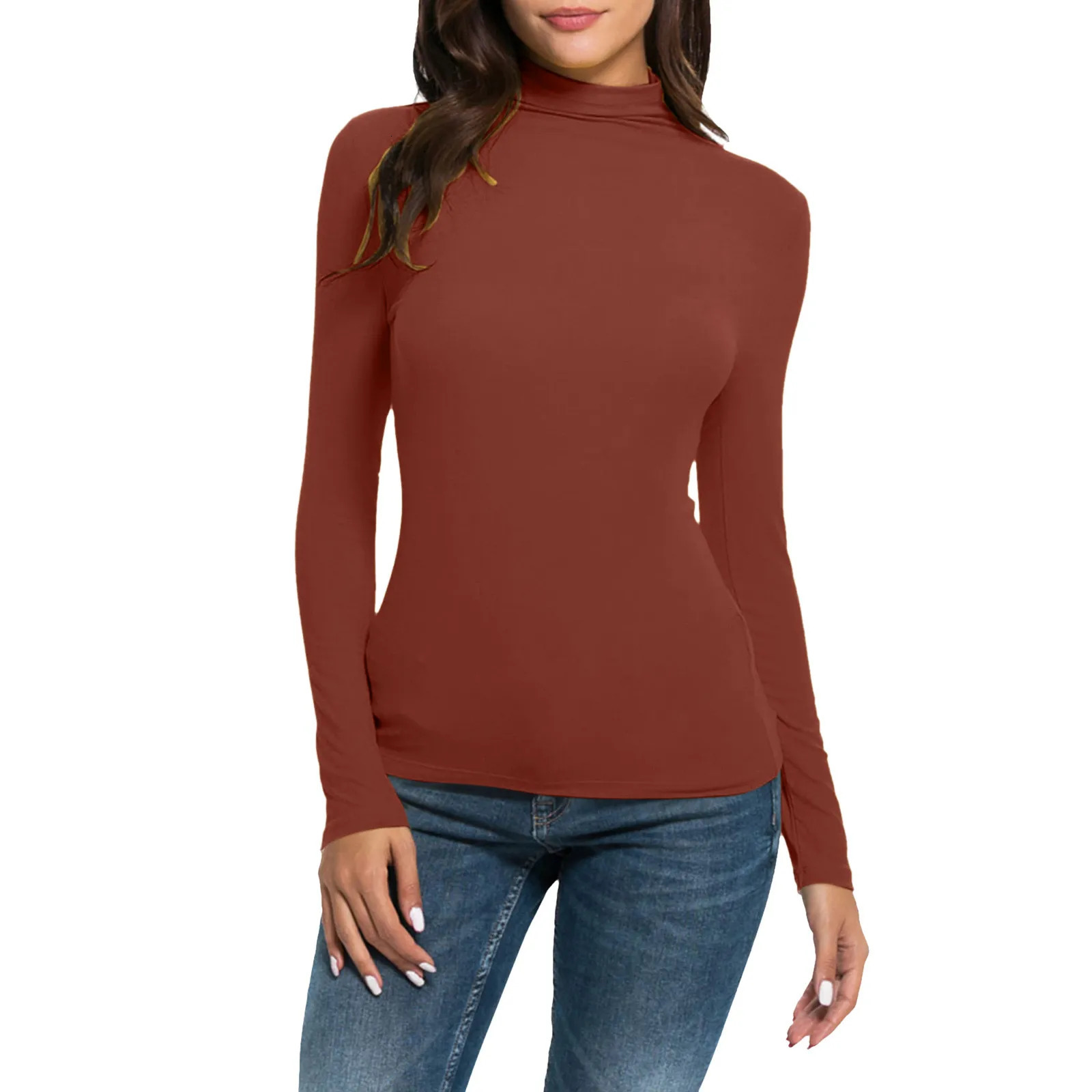Women Long Sleeve T Shirts Spring Solid Turtleneck Slim Loose Tops Fit Casual Pullover Basic Tee Y2k Crop 250211