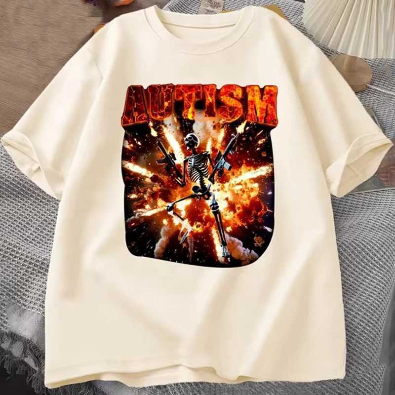 Autistic Funny Skeleton T-shirt Womens Autism Edgy Skeleton Meme T-shirt Casual Short Slip T-shirt Round Neck Dress X250213