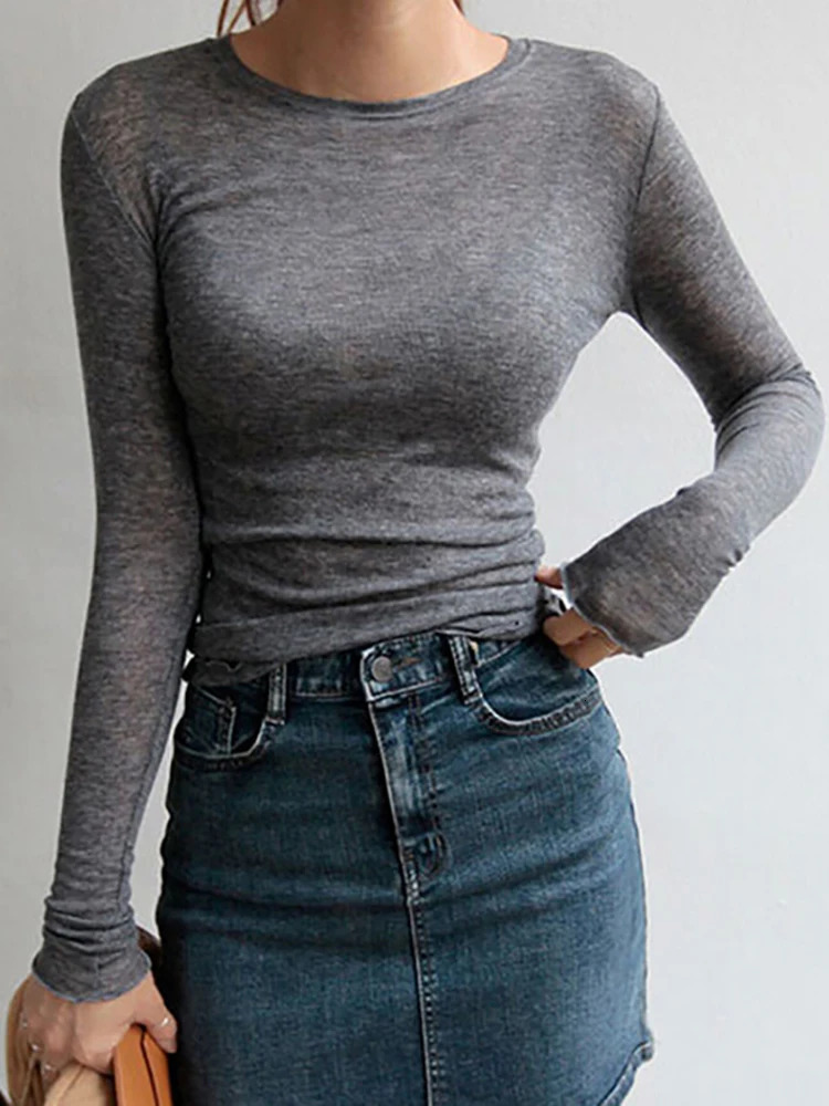 Slim High Quality Plain T Shirt Women Cotton Elastic Basic Tshirts Female Casual Tops Long Sleeve Sexy Thin Tshirt see through 250114