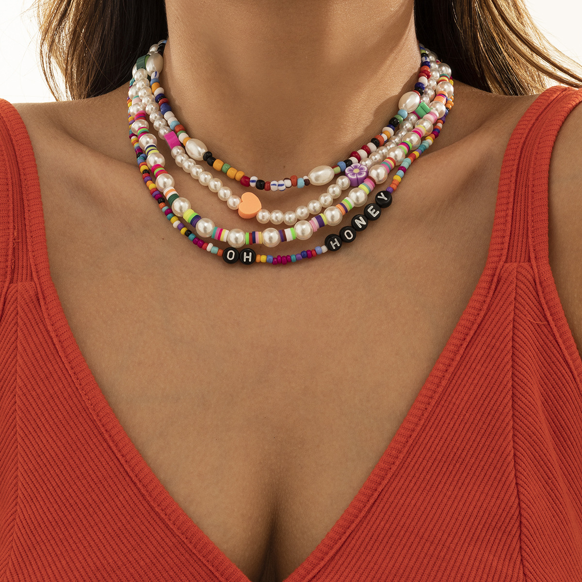 fashion Woman Accessories Bohemian mixed color bead soft pottery imitation pearl heart-shaped letter necklace