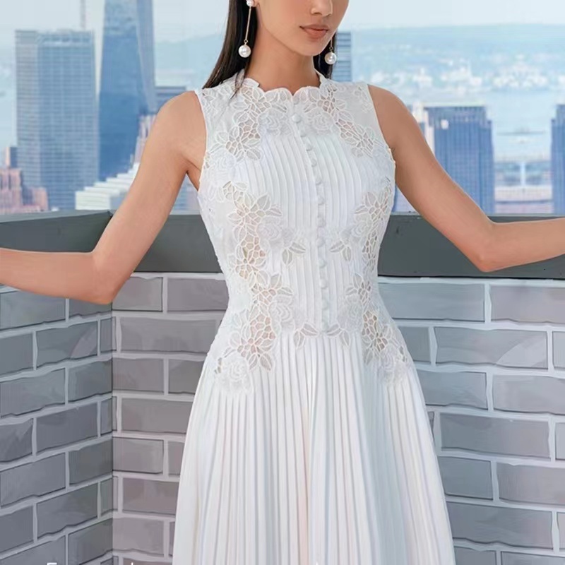 Fashion White Rose Wer Embroidery Pleated Dress 2024 New Summer Women O Neck Sleeveless Lace Patchwork Chiffon Midi Vestidos