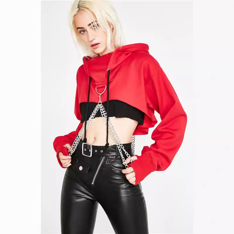 Women's Hoodies Hoodies Sexy Gothic Punk Chain Crop Top Hooded Pullover Sweatshirt Cosplay Casual Tops
