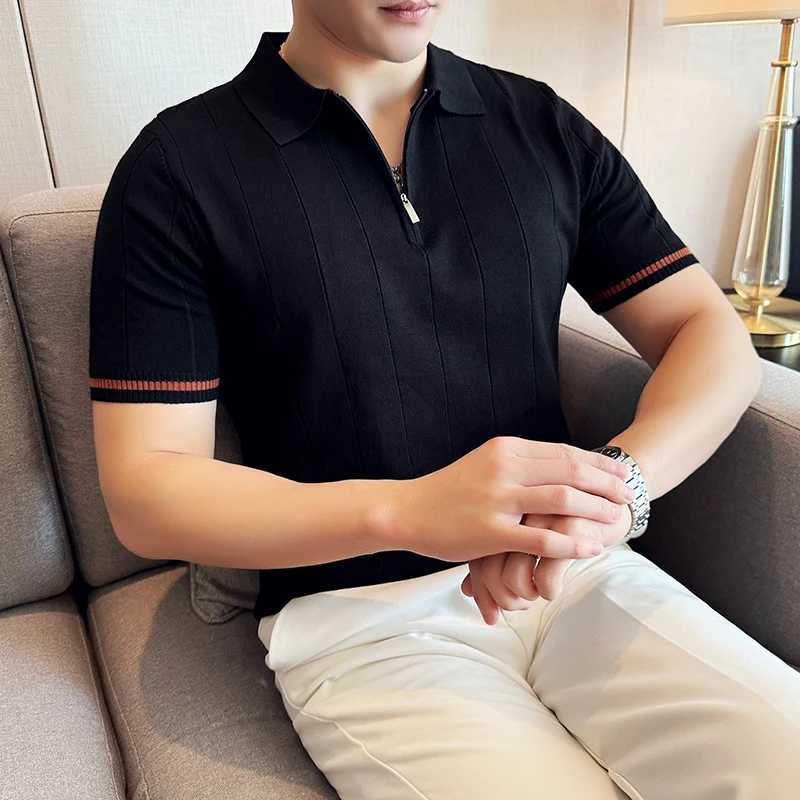High Elastic Slim Fit Men Short Sleeve Knitted Polo Shirt 2024 Summer Light Thin Solid Striped Casual Lapel T-shirt Men Clothing X250213