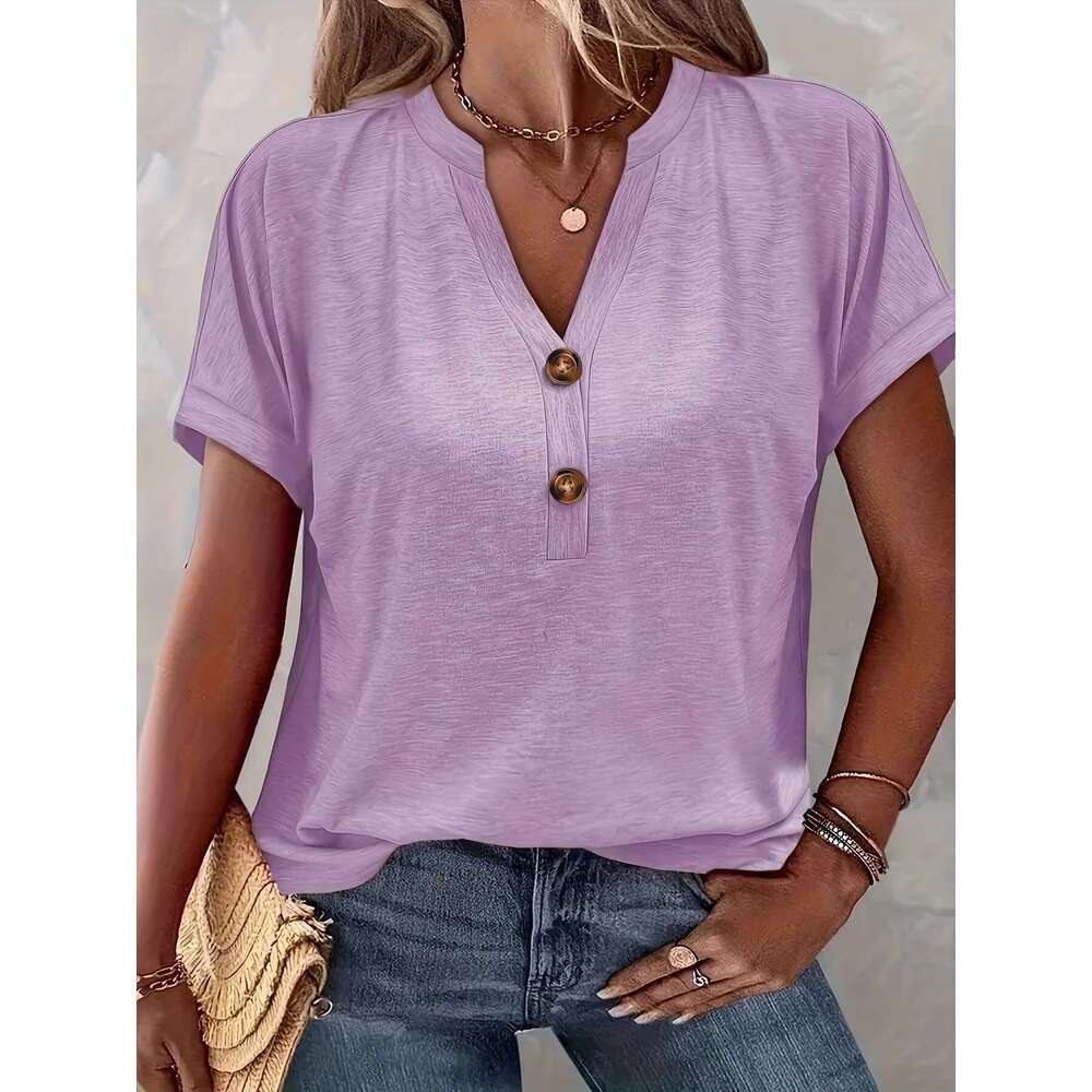 Chic Plus Size Short Sleeve Buttoned V-Neck Casual T-Shirt Lightweight Summer Top For Women