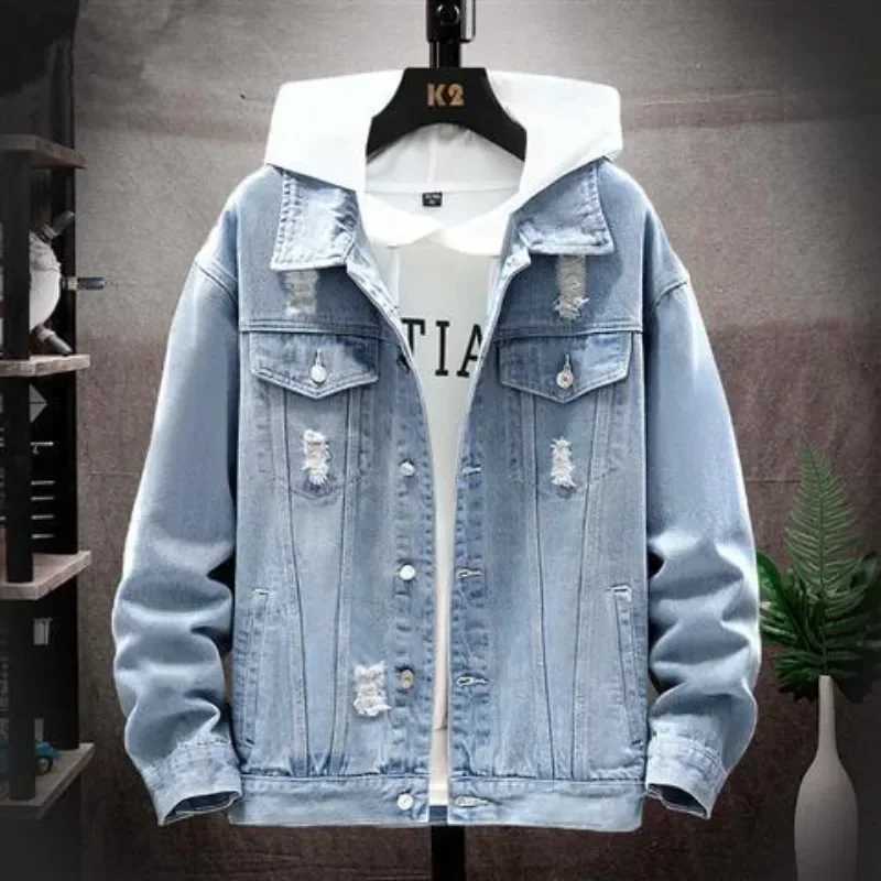 Mens Denim Jacket Autumn Ripped Male Jean Coats with Hole Punk Trendy Y2k Korea Menswear Vintage Clothing Winter Outerwear Rock X250213