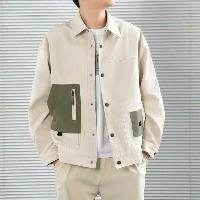 Mens Colorblock Pockets Button Bomber Jackets Autumn American Retro Baseball Uniform Black Loose Tops Male Lapel Frock Coat X250213